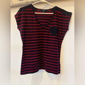 Navy and Red Striped V-Neck Top